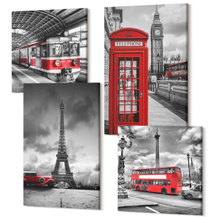 Set Tablouri Canvas decor interior, Wallfluent, Orase emblematice Londra Paris calea ferata, 4 piese, 2x40x40 + 2x40x60 cm, Decorativ, Modern, 040030010490000287402