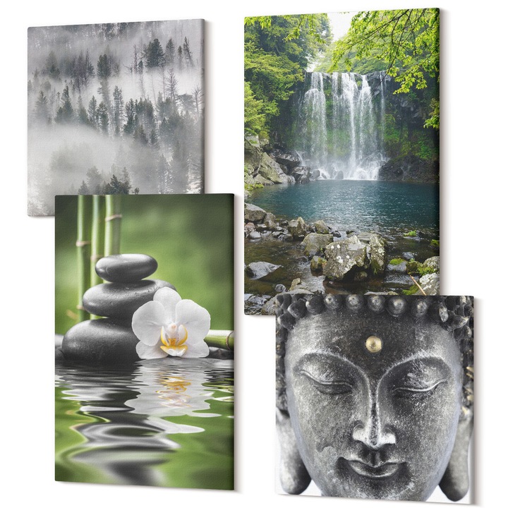 Tablouri modulare perete, Wallfluent, Armonia naturii pietre Buddha apa, 4 piese, 2x40x40 + 2x40x60 cm, Decorativ, Modern, 040030010490000287439