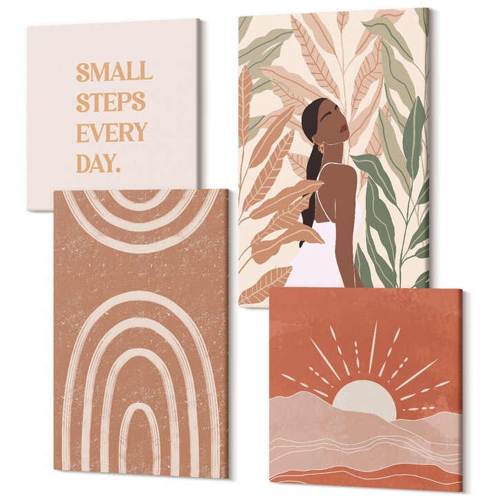 Set Tablou 4 Piese tetraptic, Wallfluent, Forme abstracte boho, 4 piese, 2x40x40 + 2x40x60 cm, Decorativ, Modern, 040030010490000287449