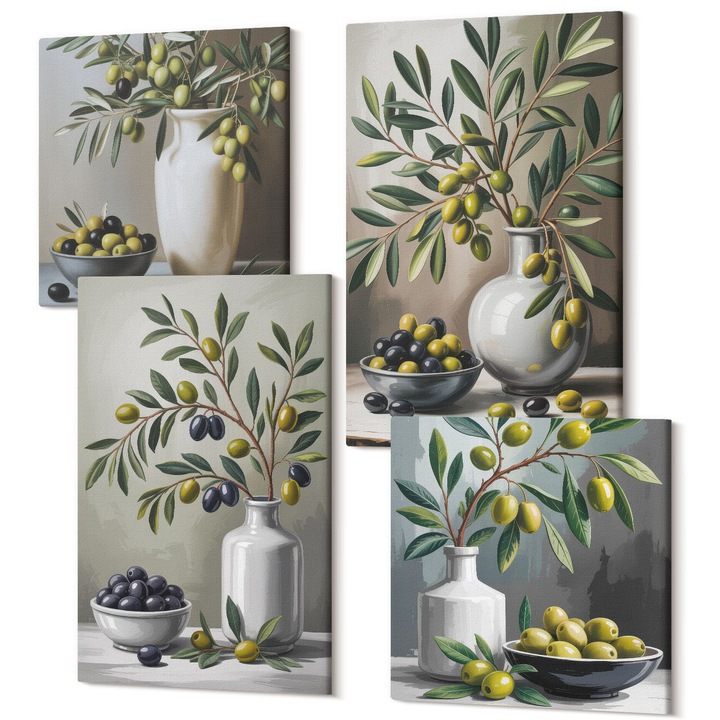 Picturi pe panza tetraptic pentru living, Wallfluent, Masline in gri ceramica, 4 piese, 2x40x40 + 2x40x60 cm, Decorativ, Modern, 040030010490000287616