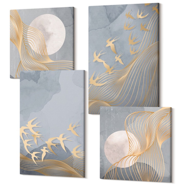 Set Tablouri Canvas decor interior, Wallfluent, Pasari in zbor cer luna, 4 piese, 2x40x40 + 2x40x60 cm, Decorativ, Modern, 040030010490000287507