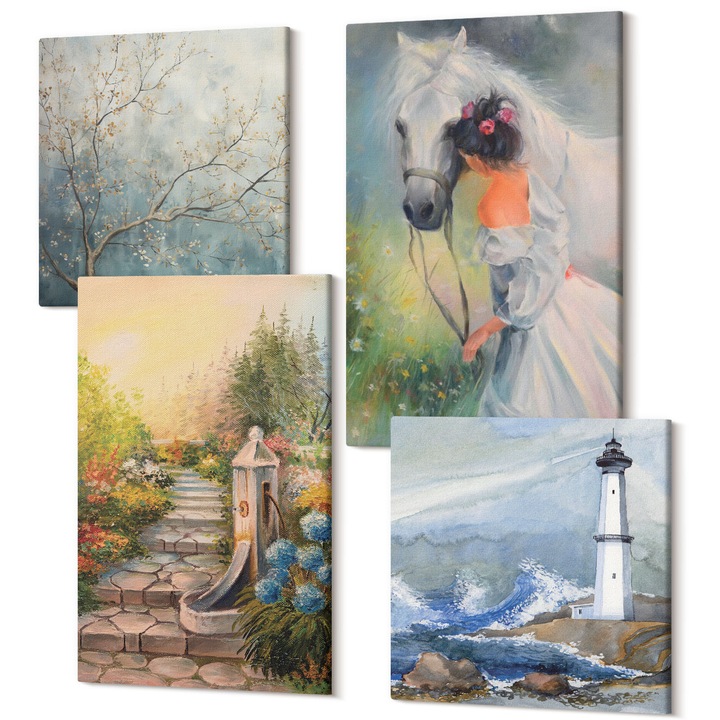 Set Tablou 4 Piese tetraptic, Wallfluent, Peisajul Farului Fata Cal, 4 piese, 2x40x40 + 2x40x60 cm, Decorativ, Modern, 040030010490000287568