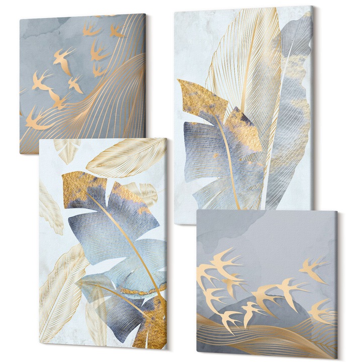 Set Tablou Canvas, Wallfluent, Frunze albastru-bej pe fundal, 4 piese, 2x40x40 + 2x40x60 cm, Decorativ, Modern, 040030010490000287485