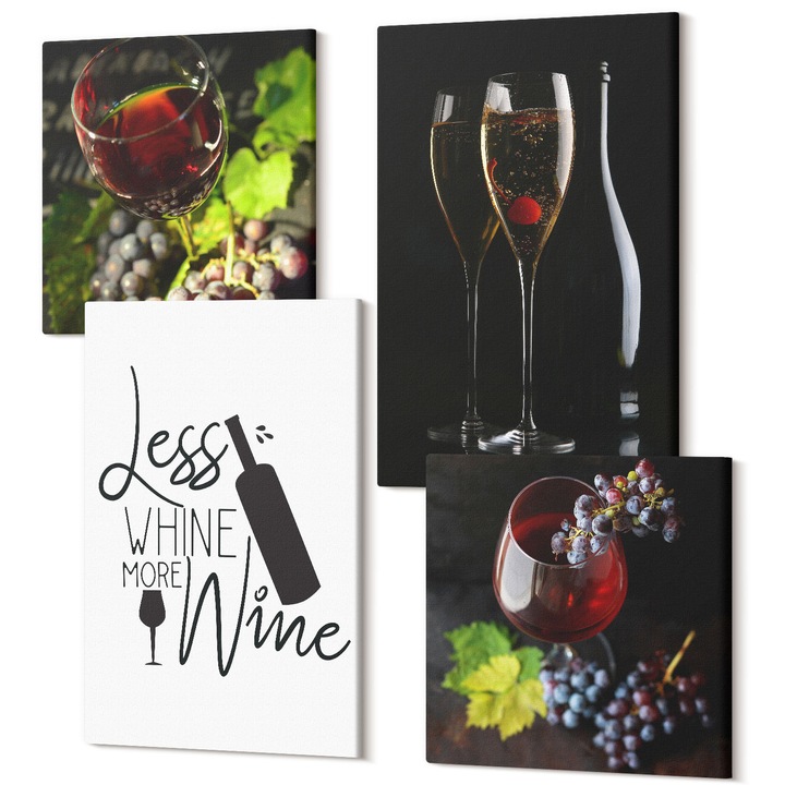 Decor perete tablouri, Wallfluent, Pahare de vin cu struguri si inscriptie, 4 piese, 2x40x40 + 2x40x60 cm, Decorativ, Modern, 040030010490000287440