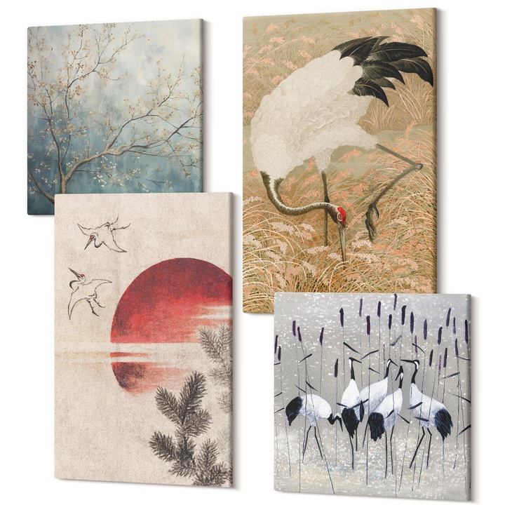 Set Tablouri Canvas decor interior, Wallfluent, Peisaj cu macarale japoneze, 4 piese, 2x40x40 + 2x40x60 cm, Decorativ, Modern, 040030010490000287479