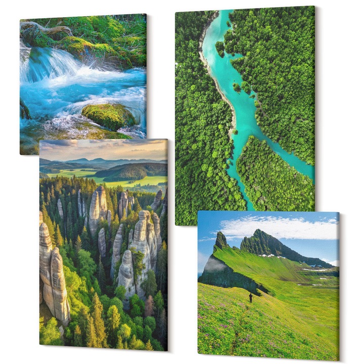 4 darabos modern vászonkép szett, Wallfluent, Zöld hegyek folyó sziklái, 4 részes, (2x40x40 cm + 2x40x60 cm), Dekoratív, Modern, 040030010490000287523