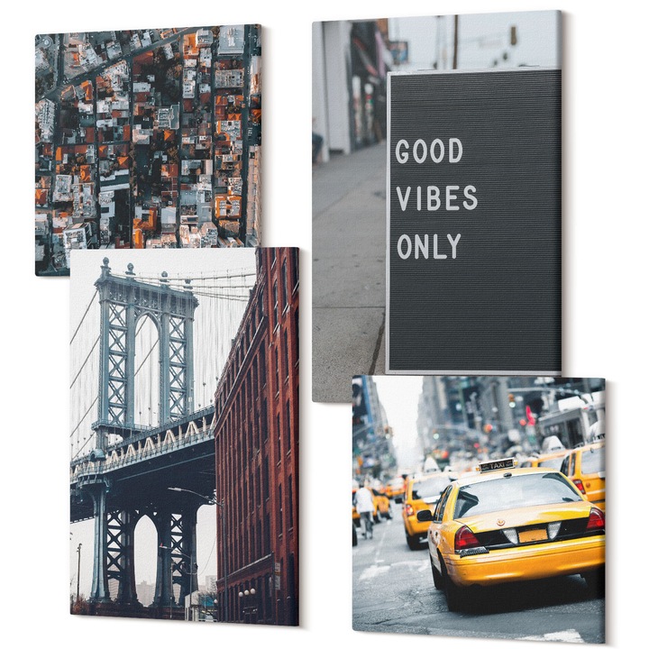 Picturi pe panza tetraptic pentru living, Wallfluent, Podul inscriptii orasului vedere de ochi de pasare, 4 piese, 2x40x40 + 2x40x60 cm, Decorativ, Modern, 040030010490000287504