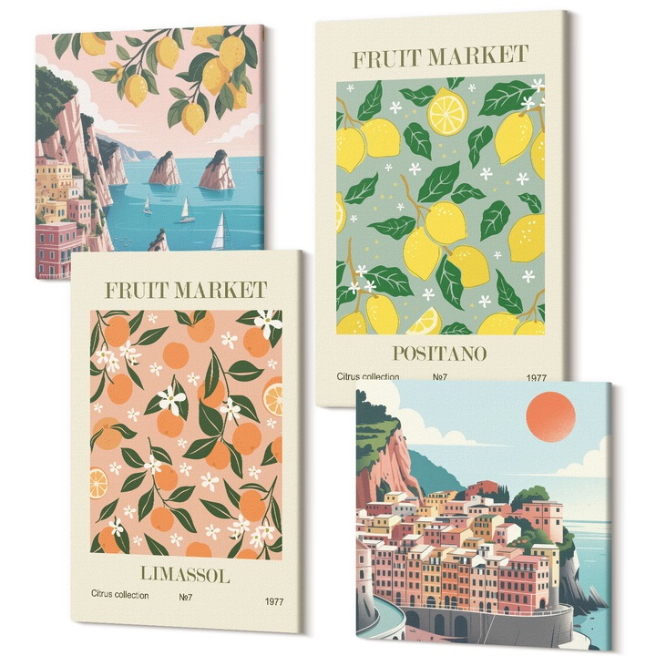 Set Tablouri Polycanvas, Wallfluent, Citrice ale tropicelor italiene, 4 piese, 2x40x40 + 2x40x60 cm, Decorativ, Modern, 040030010490000287718