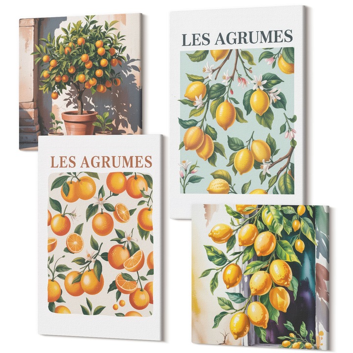 Set Tablou 4 Piese tetraptic, Wallfluent, Modele de citrice fructate, 4 piese, 2x40x40 + 2x40x60 cm, Decorativ, Modern, 040030010490000287673