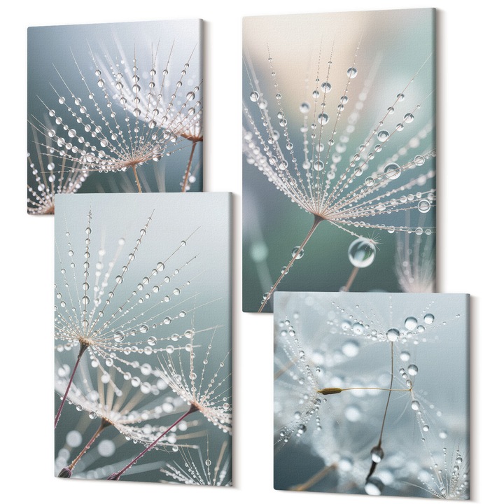 Vászon falikép szett, Wallfluent, Vízcseppek a pitypang hajtásain, 4 részes, (2x40x40 cm + 2x40x60 cm), Dekoratív, Modern, 040030010490000287642