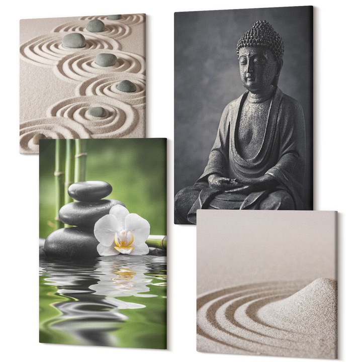 Set Tablou Canvas, Wallfluent, Buddha relaxant pe plaja, 4 piese, 2x40x40 + 2x40x60 cm, Decorativ, Modern, 040030010490000287765