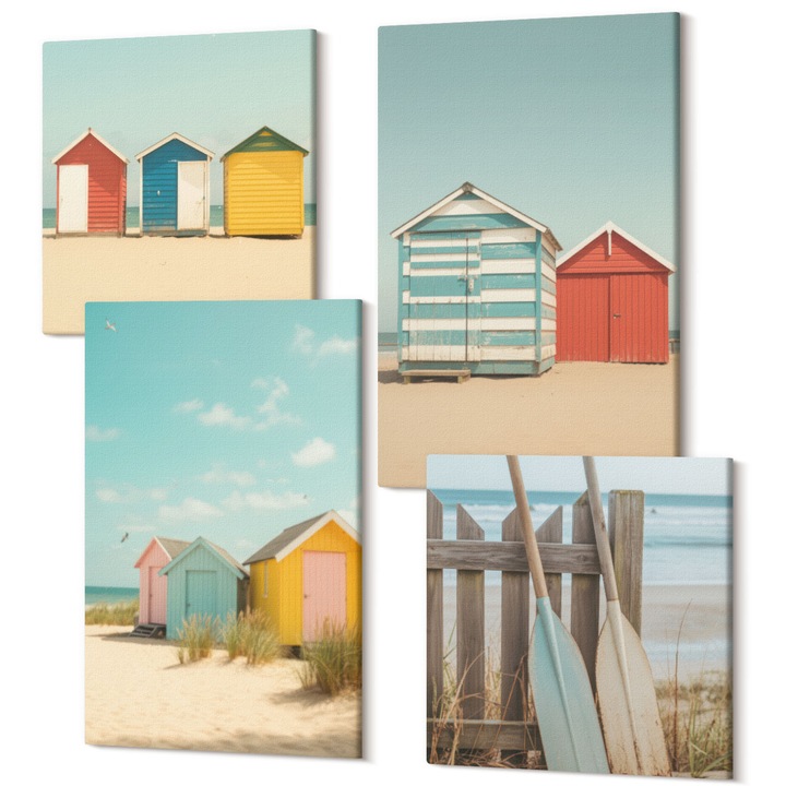 Set Tablouri Polycanvas, Wallfluent, Case colorate plaja soare, 4 piese, 2x40x40 + 2x40x60 cm, Decorativ, Modern, 040030010490000287648