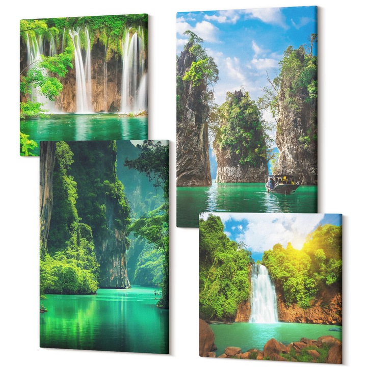 Set Tablou Canvas, Wallfluent, Peisaje verzi cascade, 4 piese, 2x40x40 + 2x40x60 cm, Decorativ, Modern, 040030010490000287786