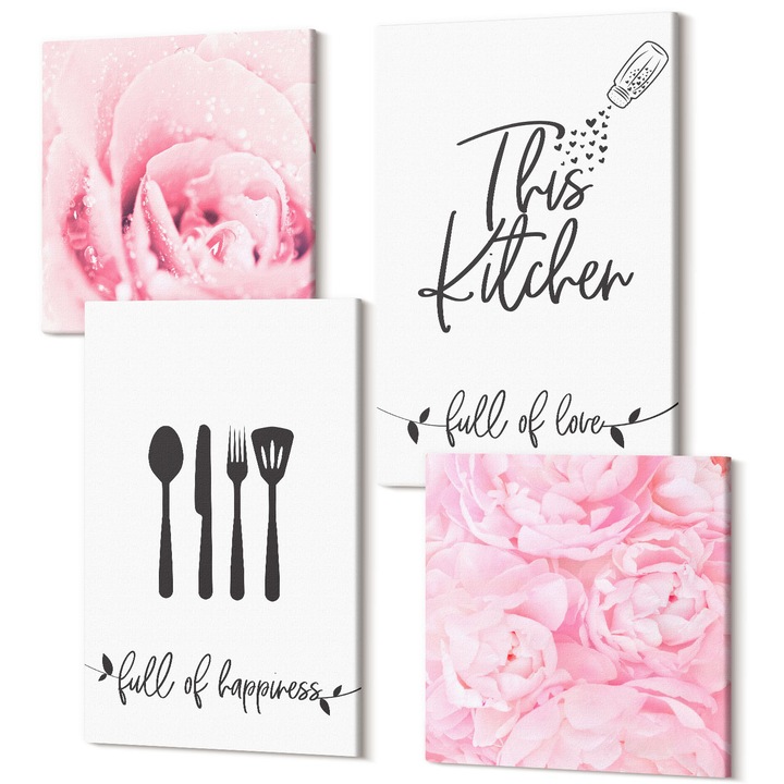 Tablouri modulare perete, Wallfluent, Bucatarie flori delicate de trandafir, 4 piese, 2x40x40 + 2x40x60 cm, Decorativ, Modern, 040030010490000287782