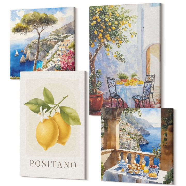 Tablouri modulare perete, Wallfluent, Vederi ale arhitecturii cu lamaie din Positano, 4 piese, 2x40x40 + 2x40x60 cm, Decorativ, Modern, 040030010490000287754