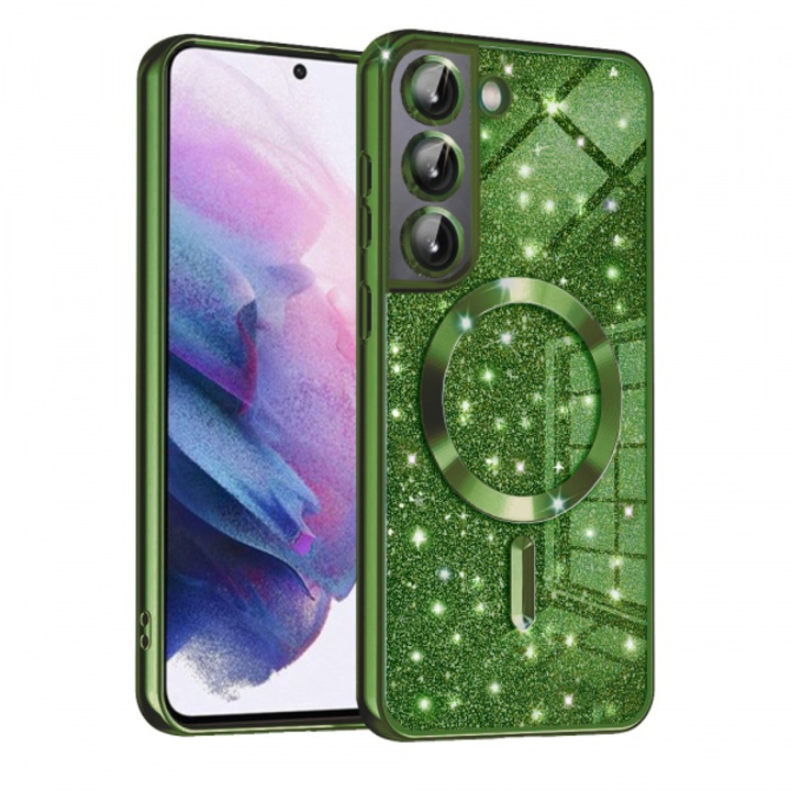 Husa MagSafe pentru Samsung Galaxy S21 FE 5G G990, Luxury Glitter, Verde Inchis