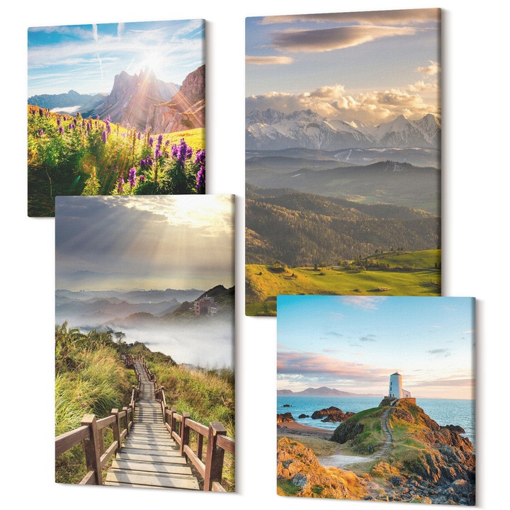 Decor perete tablouri, Wallfluent, Calea pe cer cu flori de munte, 4 piese, 2x40x40 + 2x40x60 cm, Decorativ, Modern, 040030010490000287531