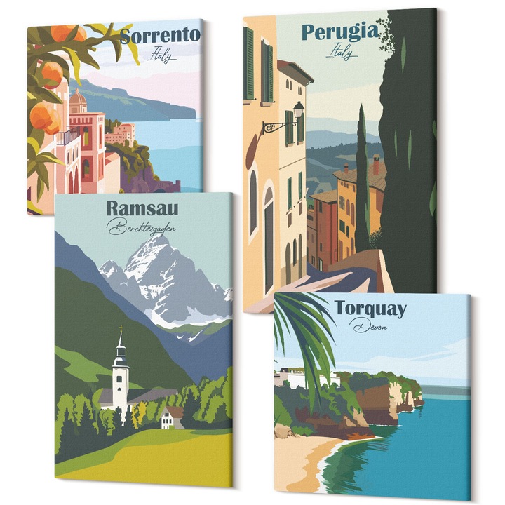 Tablouri modulare perete, Wallfluent, Peisaje montane si orase, 4 piese, 2x40x40 + 2x40x60 cm, Decorativ, Modern, 040030010490000287726