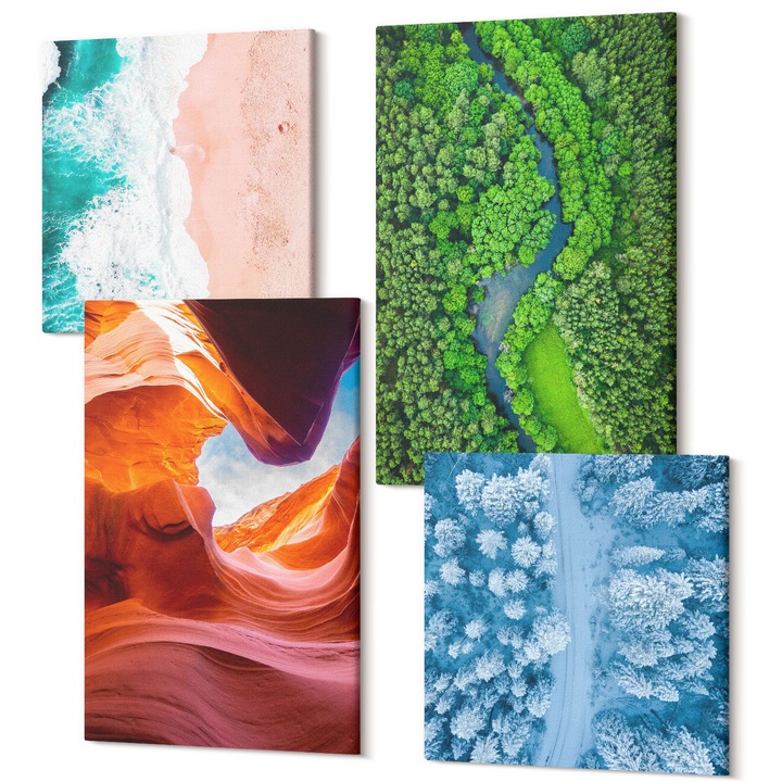 Set Tablou 4 Piese tetraptic, Wallfluent, Canionul de apa verdeata iarna, 4 piese, 2x40x40 + 2x40x60 cm, Decorativ, Modern, 040030010490000287729