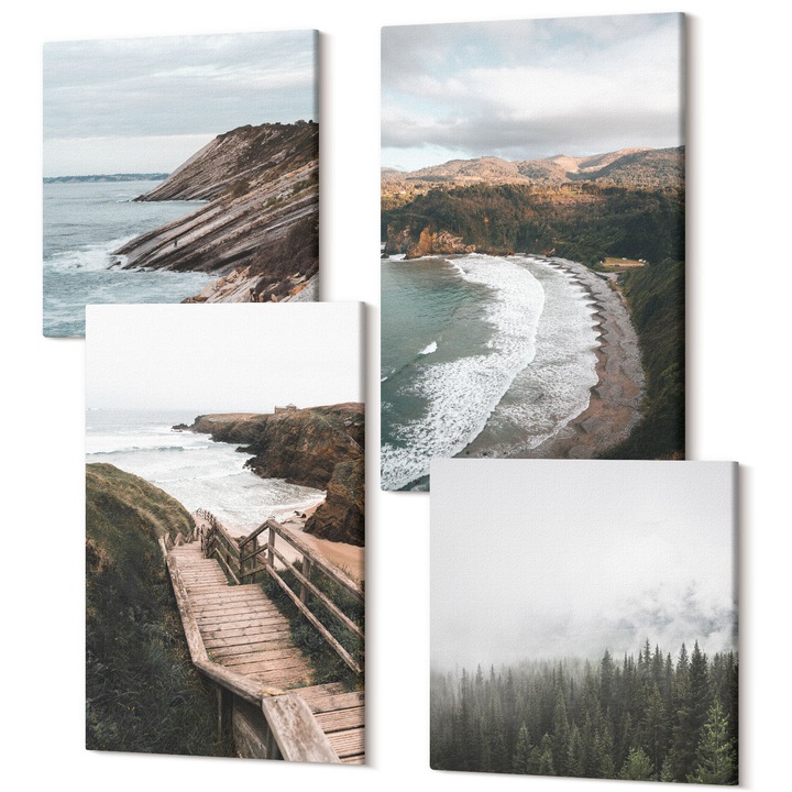 Tablouri modulare perete, Wallfluent, Vederi la stanci, peisaje de plaja, 4 piese, 2x40x40 + 2x40x60 cm, Decorativ, Modern, 040030010490000287873