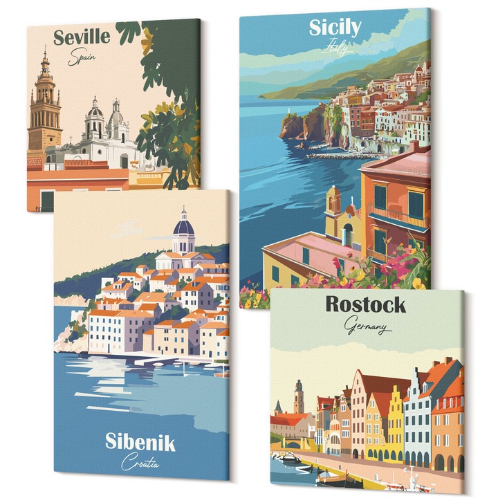 Decor perete tablouri, Wallfluent, Peisaje ale oraselor europene, 4 piese, 2x40x40 + 2x40x60 cm, Decorativ, Modern, 040030010490000287727