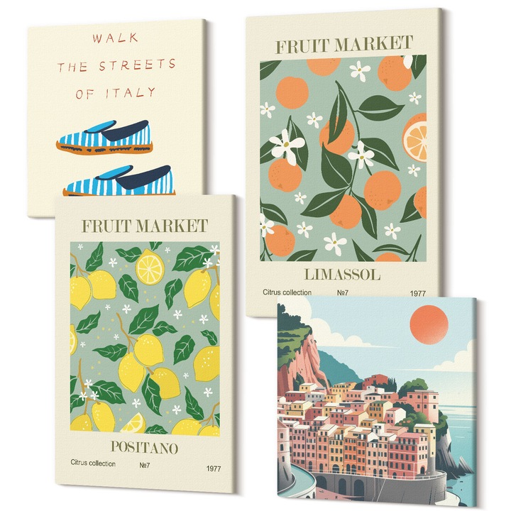 Decor perete tablouri, Wallfluent, Modele de fructe ale culturii italiene, 4 piese, 2x40x40 + 2x40x60 cm, Decorativ, Modern, 040030010490000287720