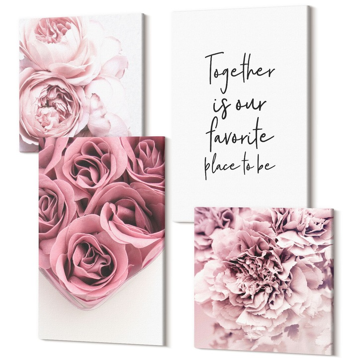 Picturi pe panza tetraptic pentru living, Wallfluent, Buchete de flori de trandafiri inscriptie acasa, 4 piese, 2x40x40 + 2x40x60 cm, Decorativ, Modern, 040030010490000287861