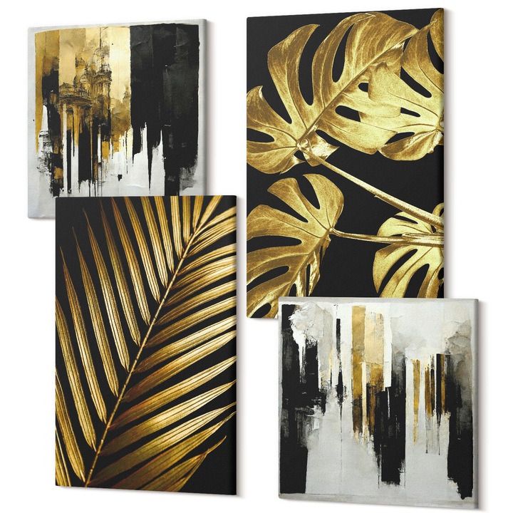 Set Tablou 4 Piese tetraptic, Wallfluent, Frunze de palmier Monstera abstracte, 4 piese, 2x40x40 + 2x40x60 cm, Decorativ, Modern, 040030010490000287771