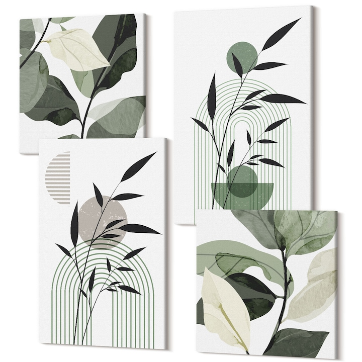 Picturi pe panza tetraptic pentru living, Wallfluent, Compozitii de plante Boho, 4 piese, 2x40x40 + 2x40x60 cm, Decorativ, Modern, 040030010490000287833