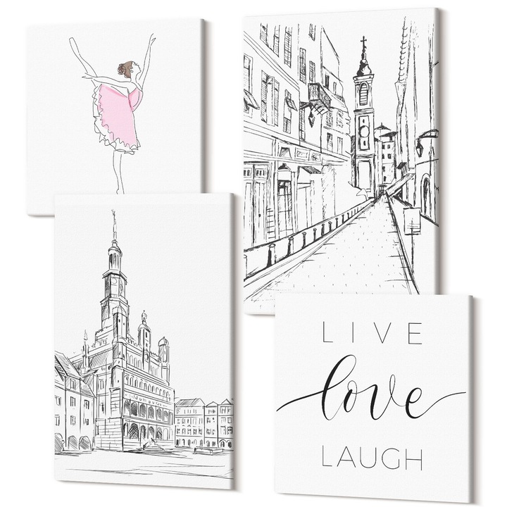 Set Tablou Canvas, Wallfluent, Grafica eleganta arhitectura balerina, 4 piese, 2x40x40 + 2x40x60 cm, Decorativ, Modern, 040030010490000287674