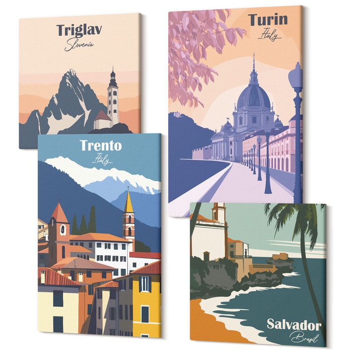 Set Tablou Canvas, Wallfluent, Ilustratii de arhitectura retro munti, 4 piese, 2x40x40 + 2x40x60 cm, Decorativ, Modern, 040030010490000287737