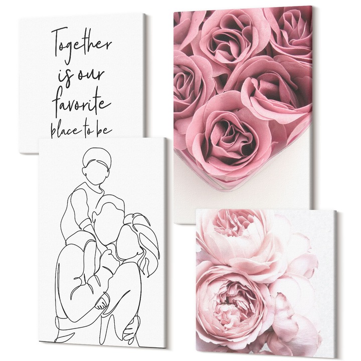 Decor perete tablouri, Wallfluent, Buchete de trandafiri cu arta in linie de familie, 4 piese, 2x40x40 + 2x40x60 cm, Decorativ, Modern, 040030010490000287860