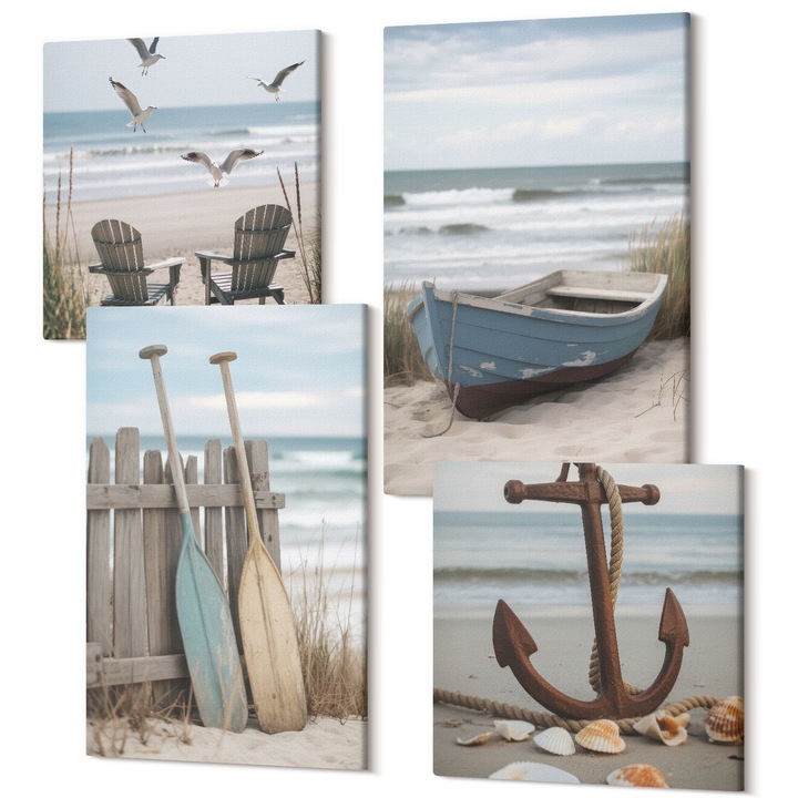 Tablouri modulare perete, Wallfluent, Peisaj marin de plaje de vara, 4 piese, 2x40x40 + 2x40x60 cm, Decorativ, Modern, 040030010490000287684
