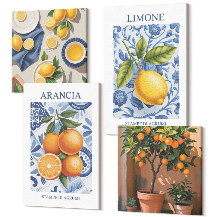 Set Tablouri Canvas decor interior, Wallfluent, Ilustratii cu fructe citrice, 4 piese, 2x40x40 + 2x40x60 cm, Decorativ, Modern, 040030010490000287675