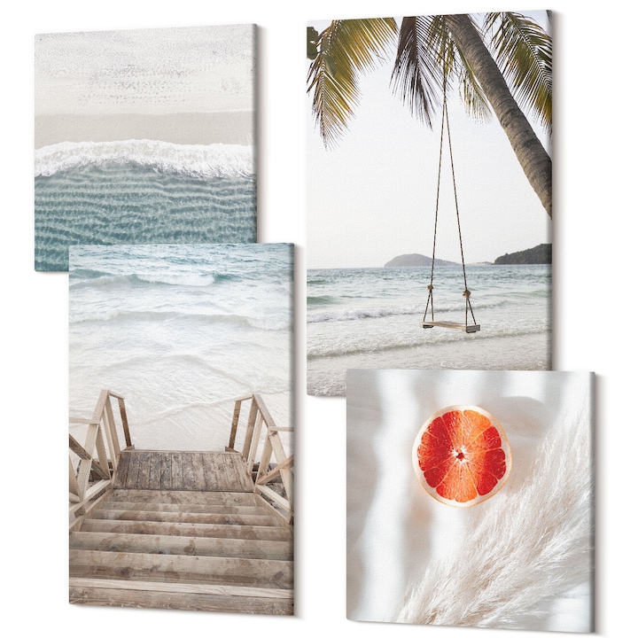 Set Tablou Canvas, Wallfluent, Atmosfera de scari din lemn de plaja, 4 piese, 2x40x40 + 2x40x60 cm, Decorativ, Modern, 040030010490000287905