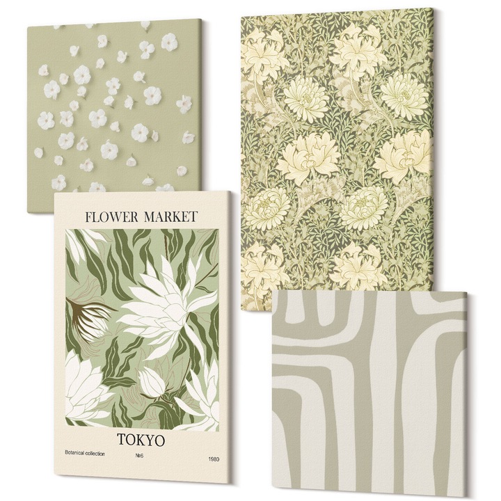 Set Tablou Canvas, Wallfluent, Compozitii de pastel cu plante Boho, 4 piese, 2x40x40 + 2x40x60 cm, Decorativ, Modern, 040030010490000287919