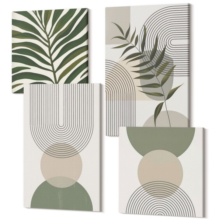 Set Tablouri Canvas decor interior, Wallfluent, Frunze abstracte in stil boho, 4 piese, 2x40x40 + 2x40x60 cm, Decorativ, Modern, 040030010490000287920