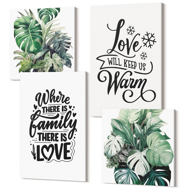 Set Tablou Canvas, Wallfluent, Familia iubeste acuarela acasa, 4 piese, 2x40x40 + 2x40x60 cm, Decorativ, Modern, 040030010490000287807