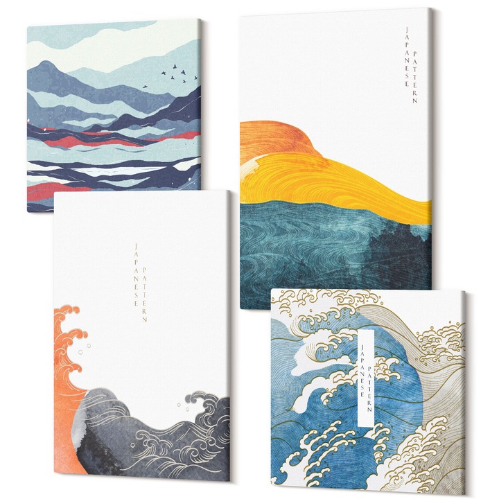 4 db-os vászonkép szett, Wallfluent, Hullámok japán művészeti grafika, 4 részes, (2x40x40 cm + 2x40x60 cm), Dekoratív, Modern, 040030010490000287698