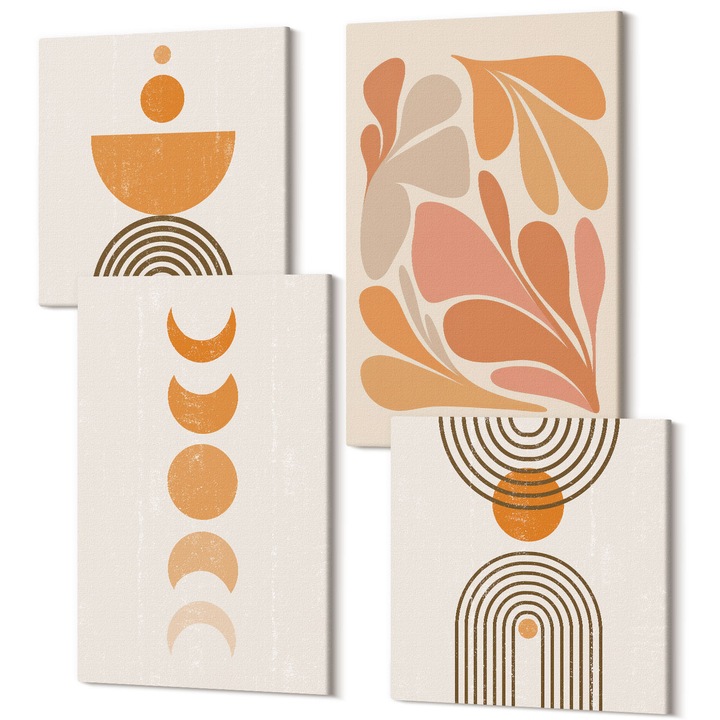 Set Tablouri Canvas decor interior, Wallfluent, Forme abstracte portocalii, 4 piese, 2x40x40 + 2x40x60 cm, Decorativ, Modern, 040030010490000287990