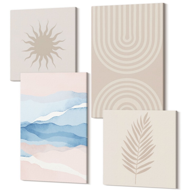 Set Tablou Canvas, Wallfluent, Soarele flutura linii abstracte, 4 piese, 2x40x40 + 2x40x60 cm, Decorativ, Modern, 040030010490000287996