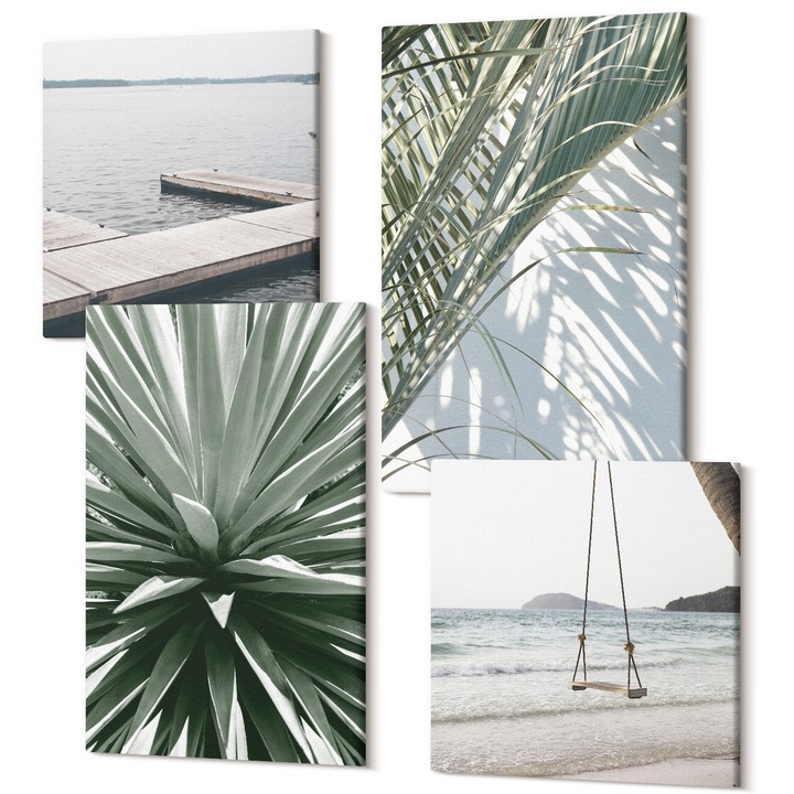 Set Tablouri Polycanvas, Wallfluent, Pod balansoar cu frunze de palmier, 4 piese, 2x40x40 + 2x40x60 cm, Decorativ, Modern, 040030010490000287844