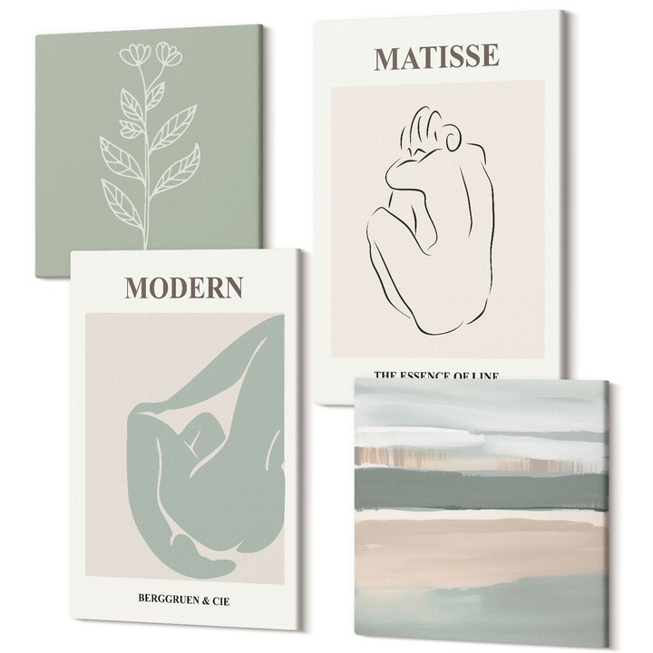 Tablouri modulare perete, Wallfluent, Forme abstracte ale plantelor, 4 piese, 2x40x40 + 2x40x60 cm, Decorativ, Modern, 040030010490000287978