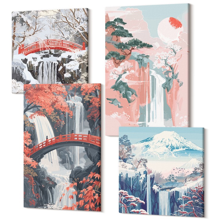 Set Tablou 4 Piese tetraptic, Wallfluent, Cascade, poduri, copaci, anotimpuri, 4 piese, 2x40x40 + 2x40x60 cm, Decorativ, Modern, 040030010490000287827