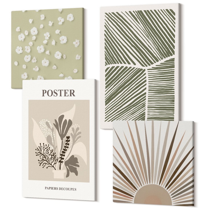 Decor perete tablouri, Wallfluent, Motive vegetale in culori discrete, 4 piese, 2x40x40 + 2x40x60 cm, Decorativ, Modern, 040030010490000287958