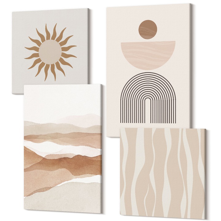 Picturi pe panza tetraptic pentru living, Wallfluent, Peisaj abstract geometrie natura, 4 piese, 2x40x40 + 2x40x60 cm, Decorativ, Modern, 040030010490000287994