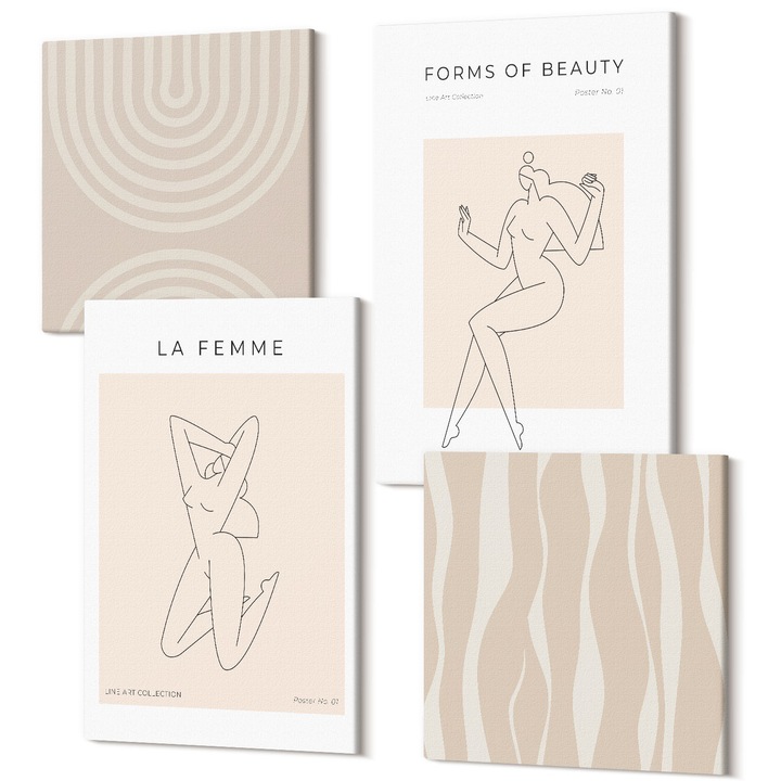 Set Tablou 4 Piese tetraptic, Wallfluent, O colectie de forme minimaliste, 4 piese, 2x40x40 + 2x40x60 cm, Decorativ, Modern, 040030010490000287967