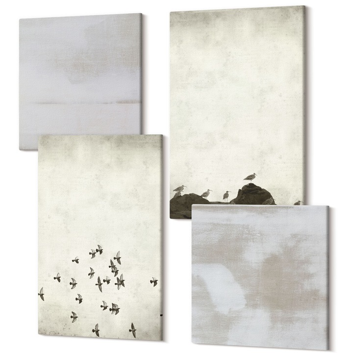 4 db-os vászonkép szett, Wallfluent, Minimalista madarak repülés közben, 4 részes, (2x40x40 cm + 2x40x60 cm), Dekoratív, Modern, 040030010490000288934