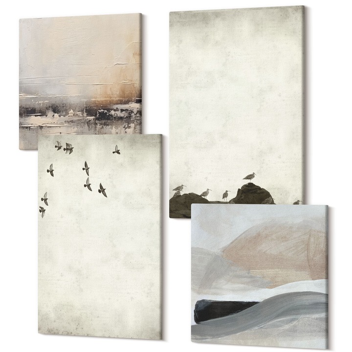 Set Tablou 4 Piese tetraptic, Wallfluent, Pasari stanci decoratiuni cu pensula, 4 piese, 2x40x40 + 2x40x60 cm, Decorativ, Modern, 040030010490000288988