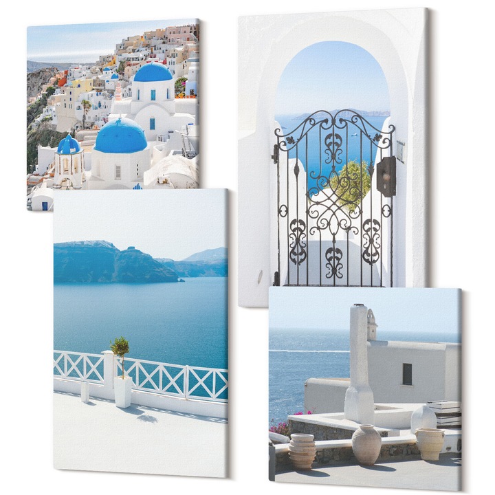 Set Tablouri Canvas decor interior, Wallfluent, Cladiri de la Marea Alba Grecia, 4 piese, 2x40x40 + 2x40x60 cm, Decorativ, Modern, 040030010490000287864